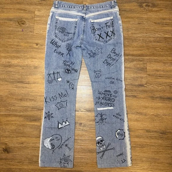 Vintage 90's Laundry Shelli Segal Graffiti Doodle
Print Straight Leg Jeans Sz 6 - Picture 8 of 12